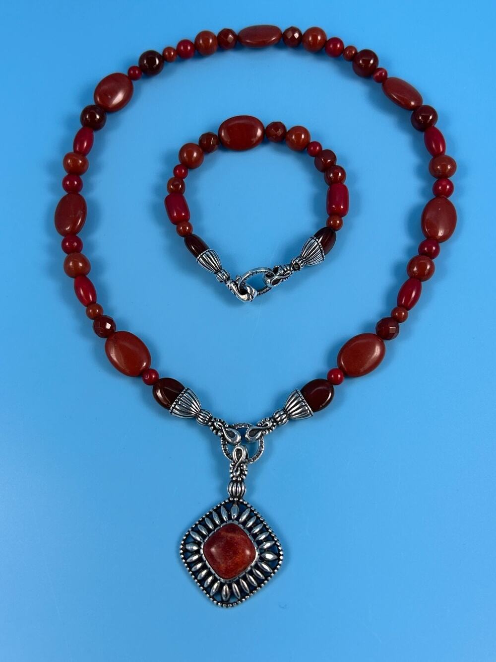 Carolyn Pollack Sterling Carnelian Red Jasper Coral Necklace Pendant 8" Bracelet
